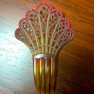 Vintage Partial Faux Tortoise Hair Comb Red Rhinestones